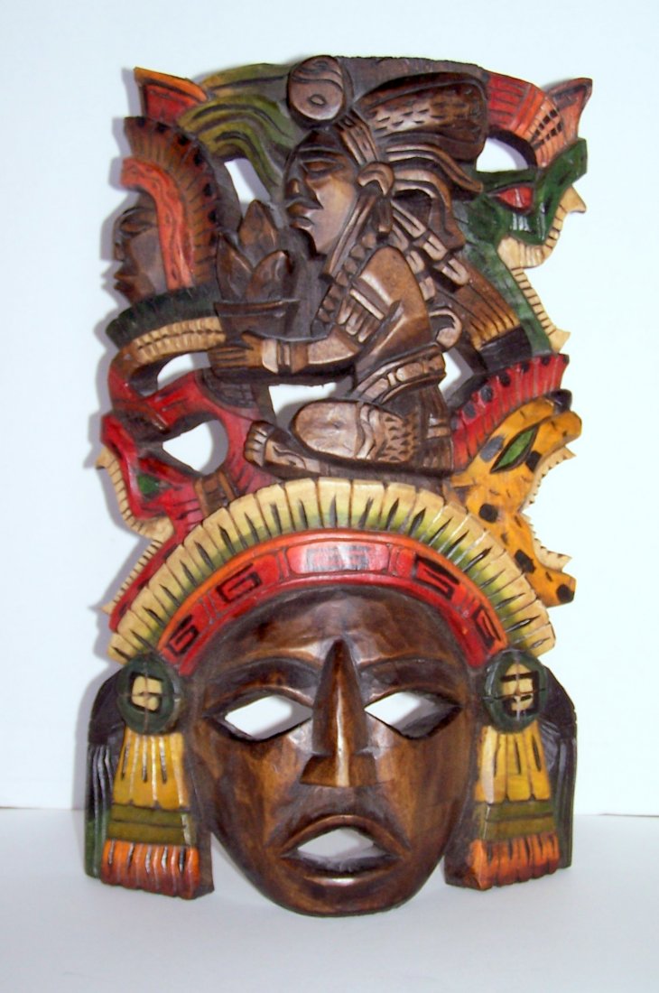 hand carved wood MAYAN GUATEMALA wood mask: measures 16 1/2" long by 10" wide, the mask is in great condition without chips or cracks.