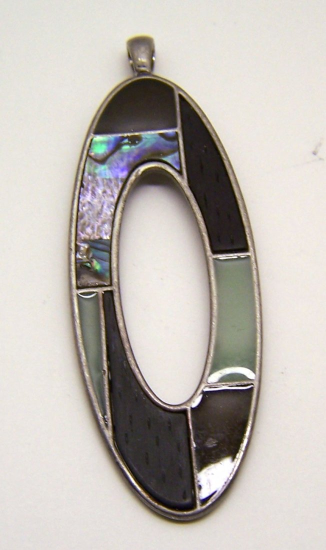 silver tone abalone wood lucite inlay pendant: measure 3 3/16" long by 1 1/8" wide, crafted with wood abalone & lucite inlay, weights grams, in great condition
