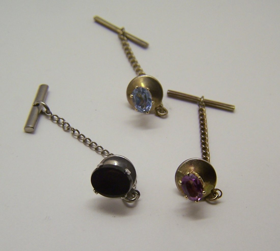 3 DESTINO sterling onyx alexandrite topaz tie tack lot: you are bidding on a 5/16" long to 3/8" long, tie tacks, they weight 1.78 grams, one is signed Destino sterling, & 2 are signed STG