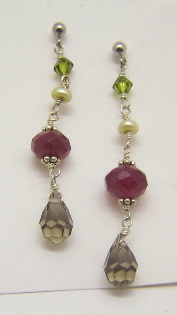 sterling silver ruby smoky topaz drop earrings: measures 1 7/8" long crafted with 4mm crystal, 4mm pearl, 8mm genuine ruby & 10x6mm smoky topaz, weights 2.95 grams, in great condition
