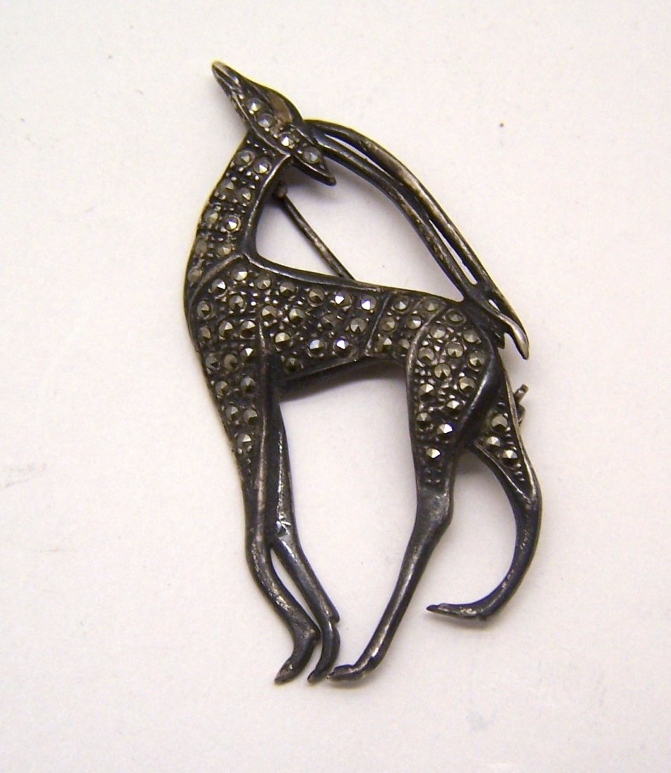 Art Nouveau deer sterling marcasite brooch pin: measures 2 3/16" long by 1 9/16" wide, weights 9.4 grams, crafted with marcasite, in good condition need to be polish as you desire