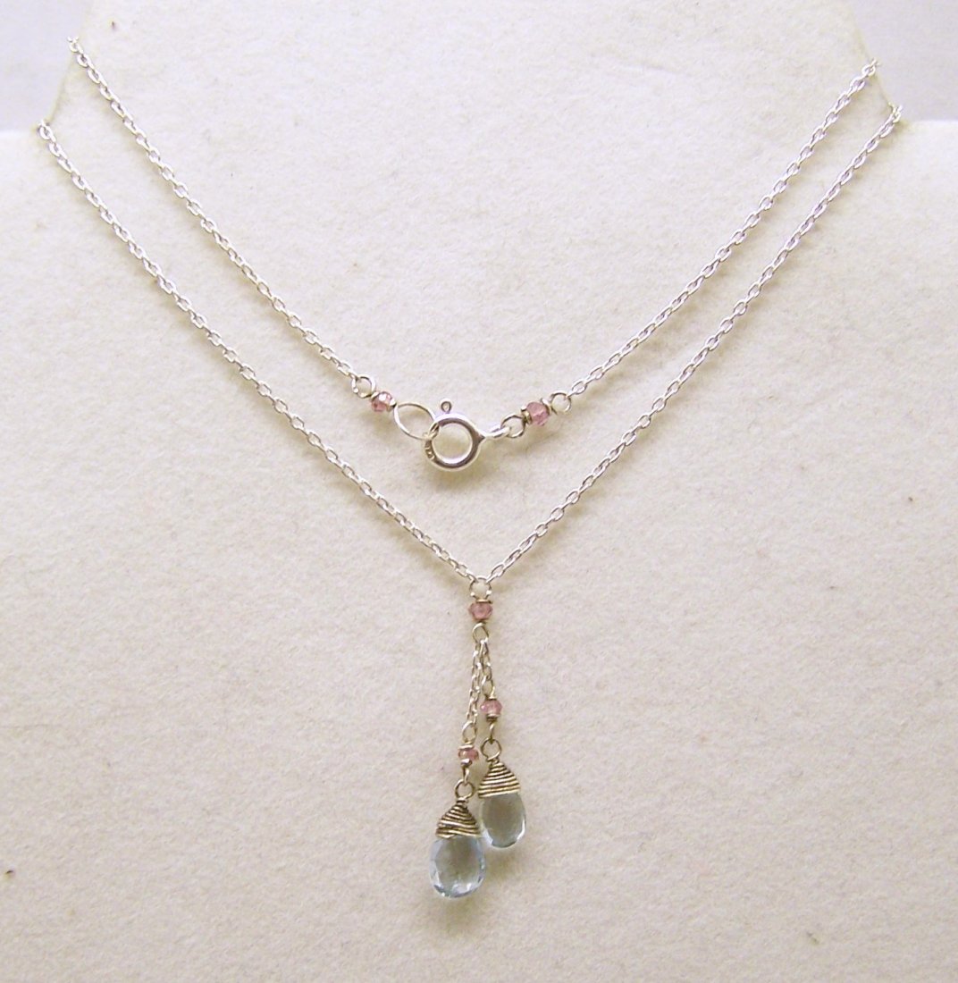 sterling silver aquamarine ruby bead necklace: measures 16" long, crafted with 2mm ruby beads & 8x5mm aquamarine beads, weights 2.2 grams, in great condition