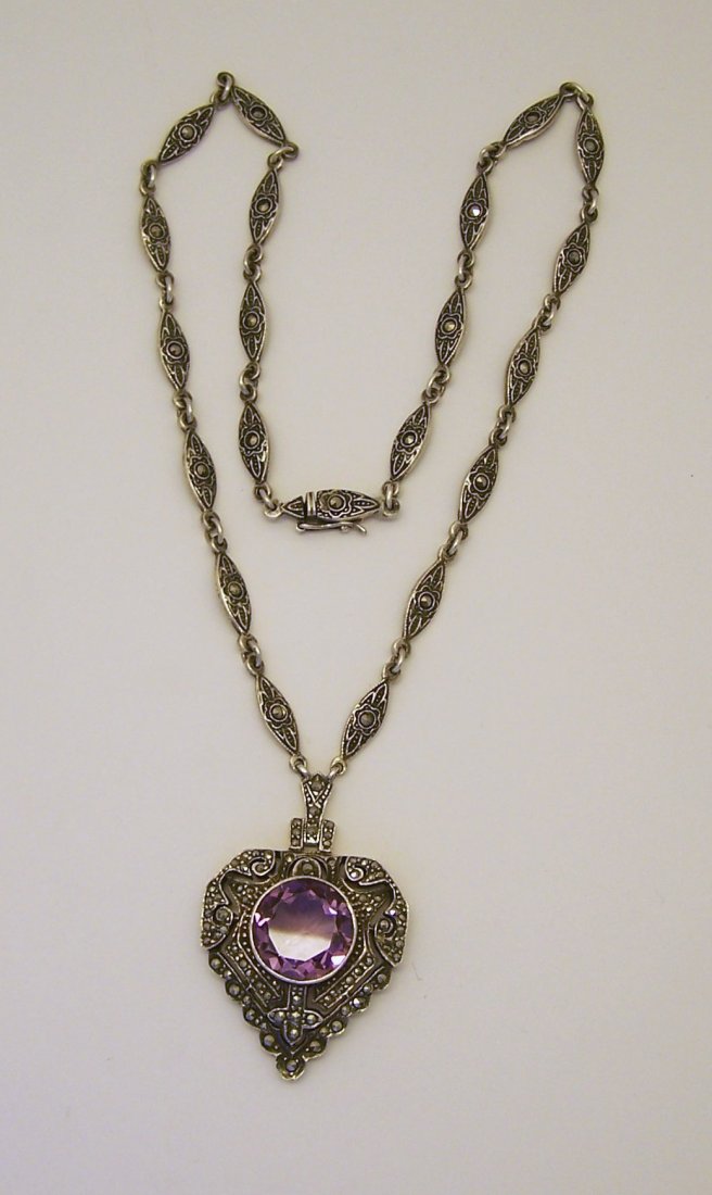 CPT sterling silver marcasite amethyst necklace: measures 17" long, crafted with 15mm amethyst & marcasites, weights 30 grams, in great condition
