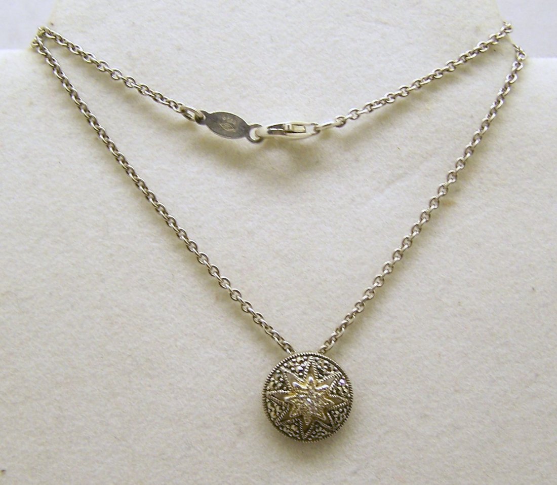 JUDITH JACK sterling marcasite rhinestone necklace: pendant measures 9/16" in diameter, chain measures 16" long, weights 6.4 grams, in great condition