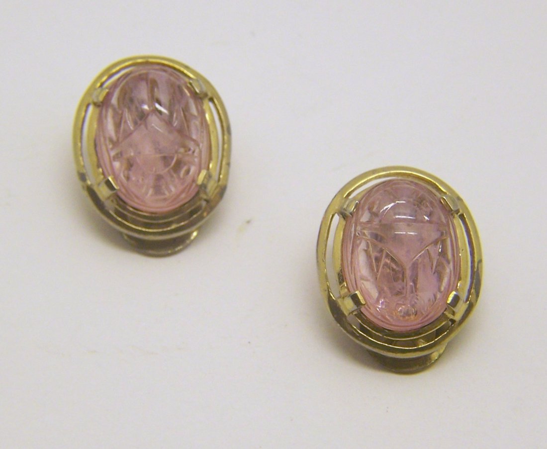 MAZER BROS gold tone glass clip on earrings: measures 13/16" long by 11/16" wide, crafted with 16x12mm molded glass cabochon, in good condition with some wear on the gold tone