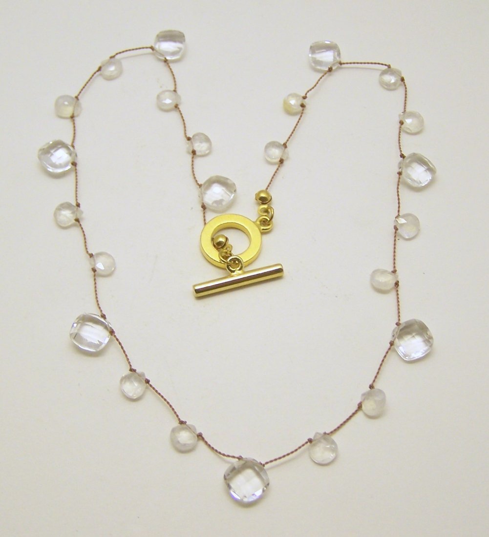 gold tone moonstone Cz necklace: measures 16 1/2" long, crafted with 6x5mm moonstone & 9x9mm Cz stones, weights 8.6 grams, in good condition