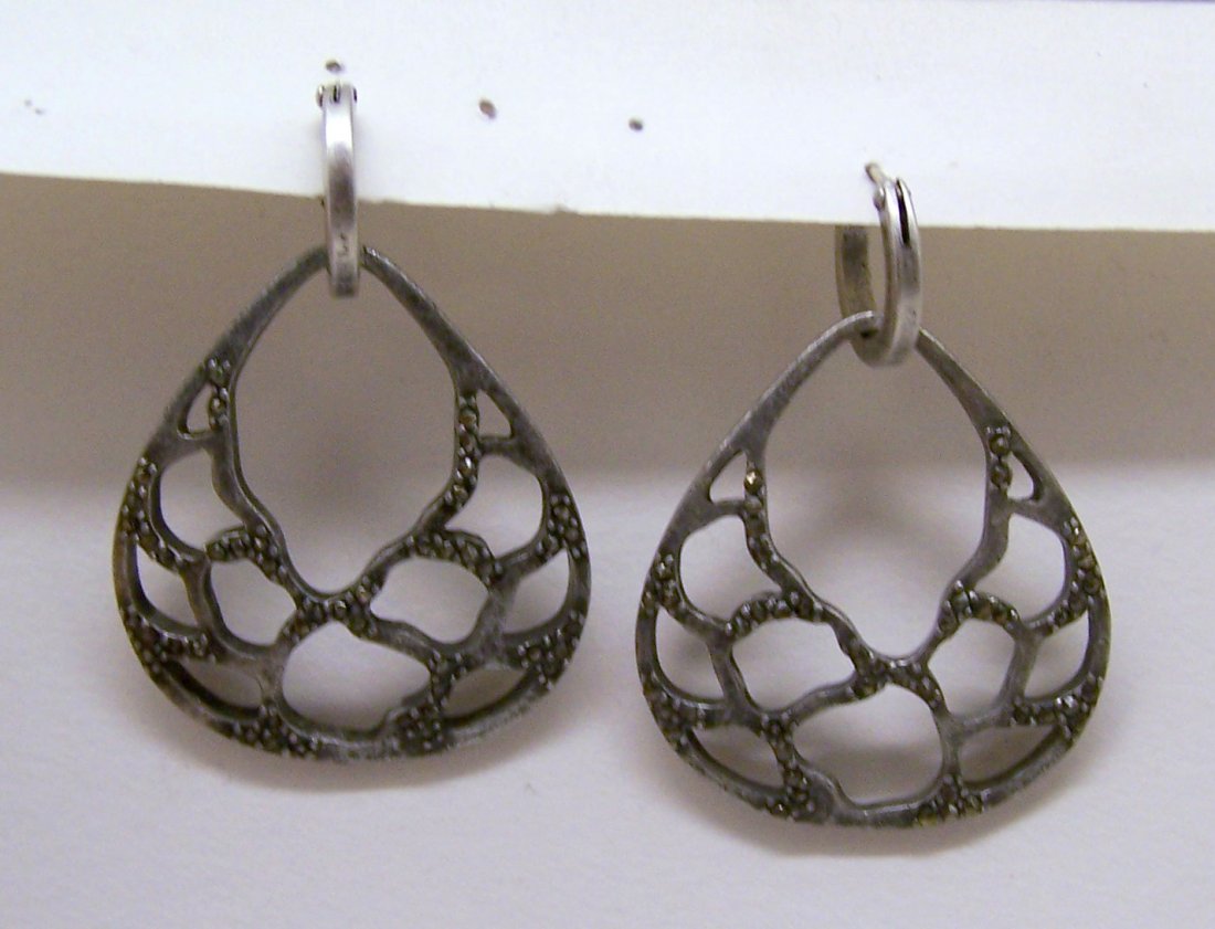 KenneTH COLE REACTION marcasite silver tone earrings: measures 1 11/16" long by 1 3/16" wide, weights 12.01 grams, in good condition