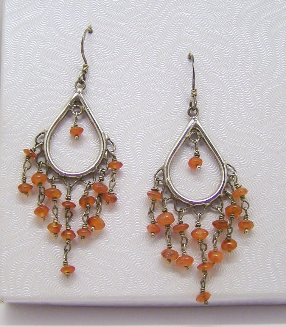 sterling silver carnelian drop earrings: measures 2 6/8" long by 15/16" wide, crafted with 3mm to 4mm carnelian, weights 7 grams, in great condition