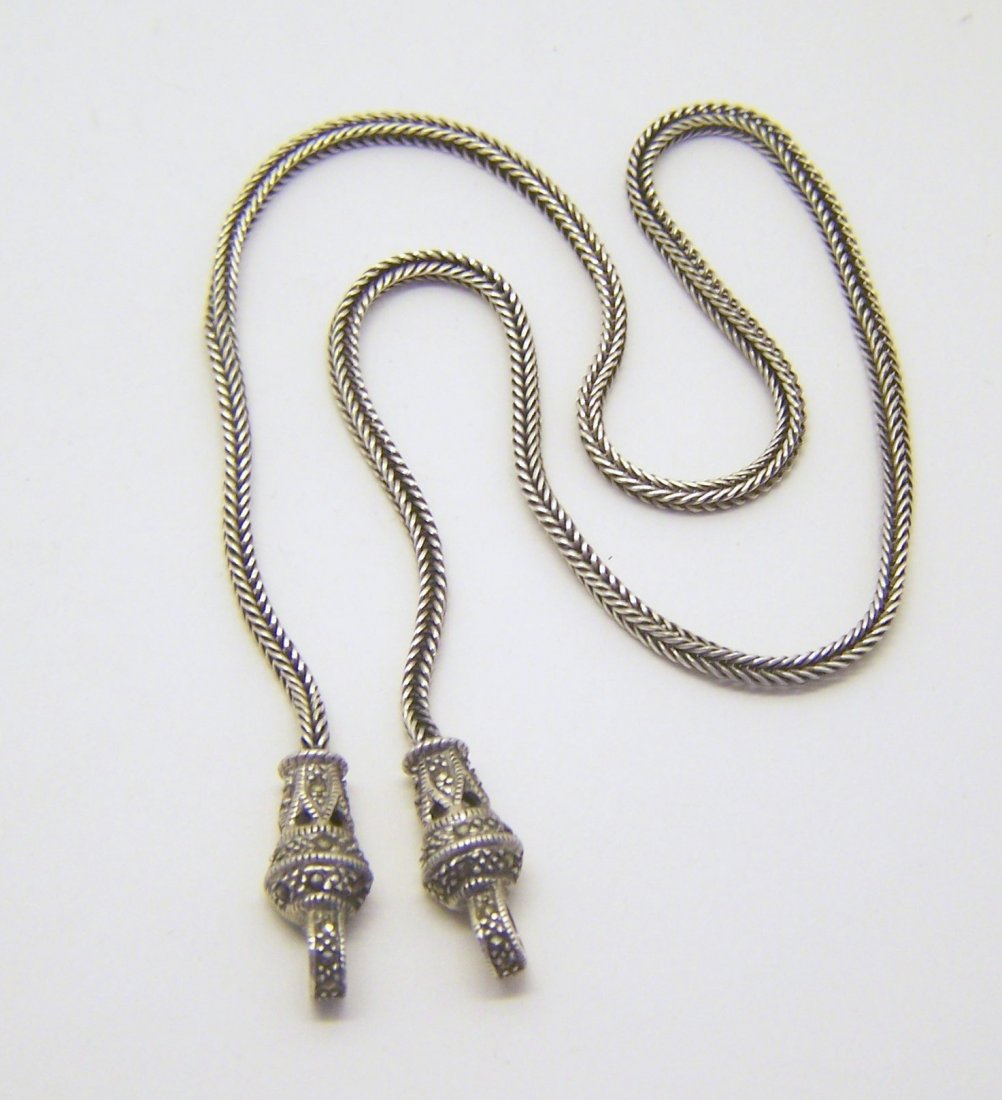 Judith Jack sterling silver marcasite necklace: measures 17 1/2" long by 3/8" wide, weights 14.4 grams, in good condition just is missing the clasp enhancer