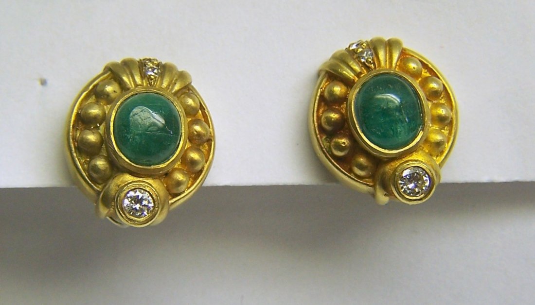 JUDITH RIPKA 18k emerald diamond earrings: measures 11/16" long by 9/16" wide, crafted with7x6mm emerald & 1 - .15ctw diamond & 3 - .03ct diamonds, weights 15.2 grams, in good condition