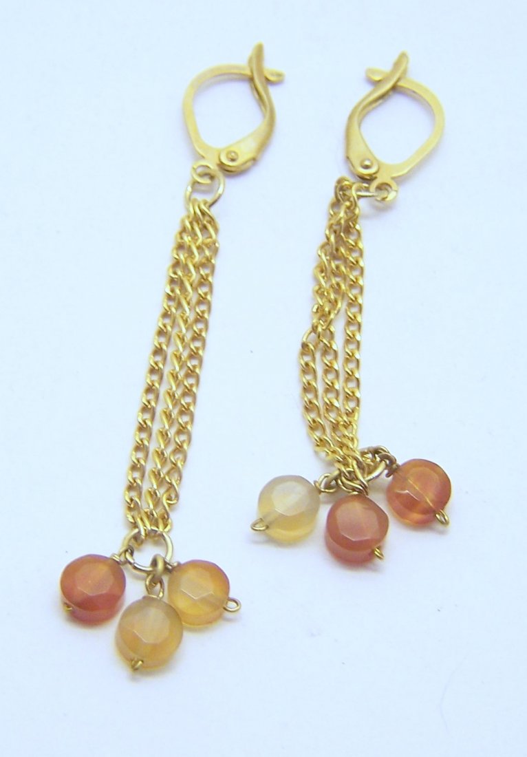 14k gf carnelian drop earrings: measures 2 1/2" long, crafted with 5mm carnelian, weights 3.2 grams, in good condition