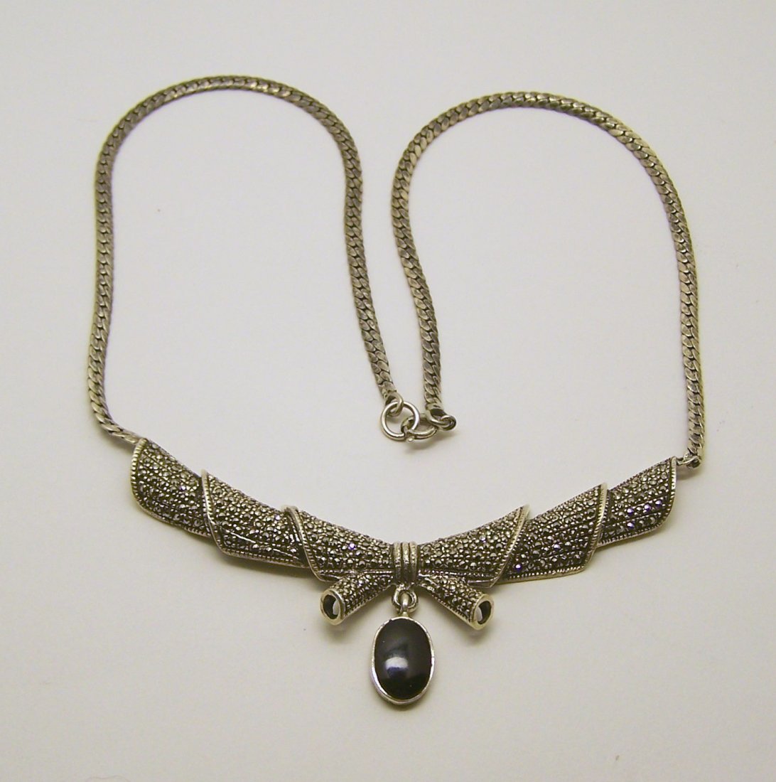 LAC sterling silver onyx marcasite necklace: measures 18 1/4" long by 1 3/8" wide, weights 21.6 grams, in great condition