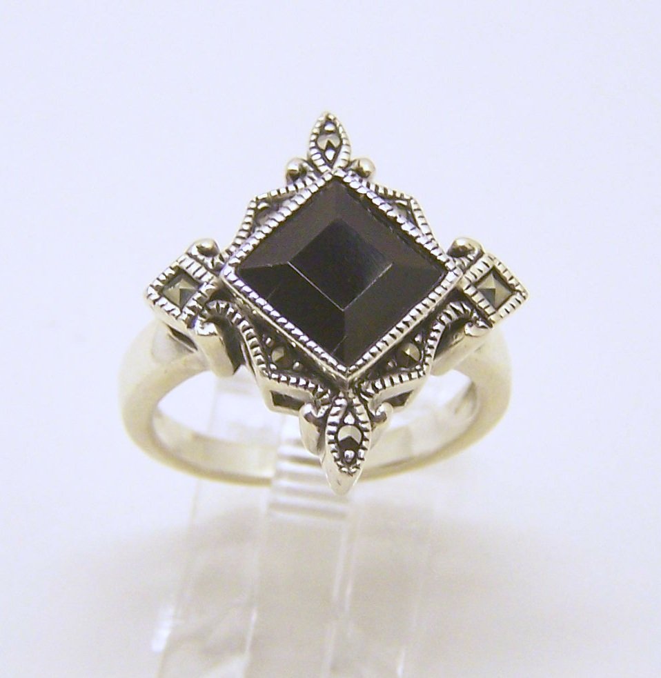 JUDITH JACK sterling silver onyx marcasite ring: top of the ring measures 13/16" wide, size 8, weights 7 grams, in great condition