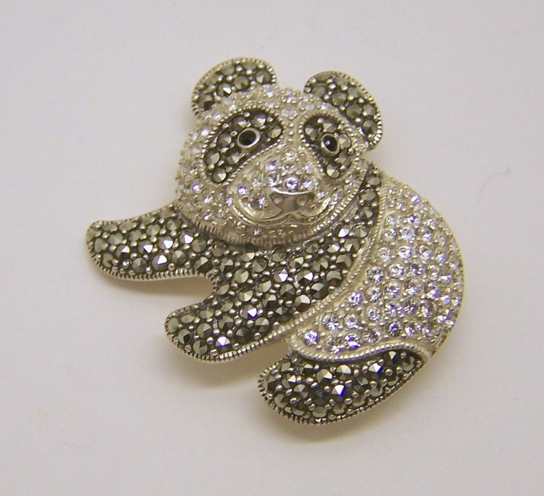 sterling silver marcasite Cz panda brooch pin: measures 1 9/16" long by 1 1/2" wide, weights 16.4 grams, in great condition