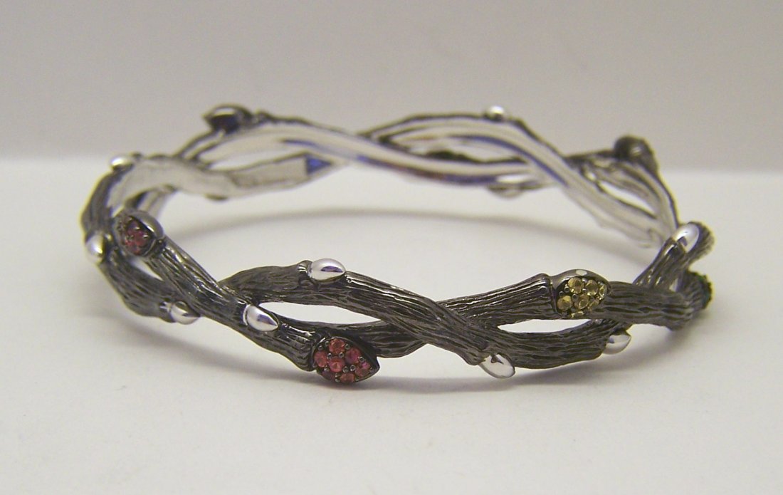 STEPHEN DWECK diamonds sterling silver bangle bracelet: measures 7 1/2" inside circunference by 9/16" wide, crafted with diamonds, emerals, sapphires, amethyst, ruby, weights 37.8 grams, in great condition