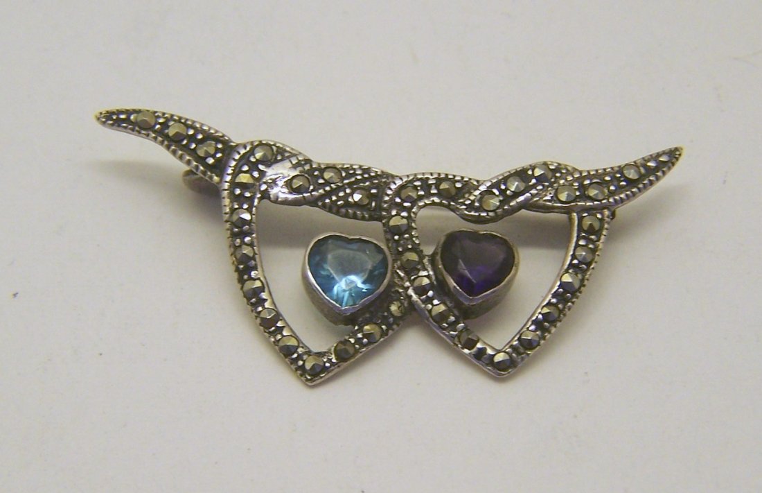 sterling silver amethyst topaz marcasite brooch pin: measures 1 13/16" long by 3/4" wide, , weights 4.3 grams, in good condition,