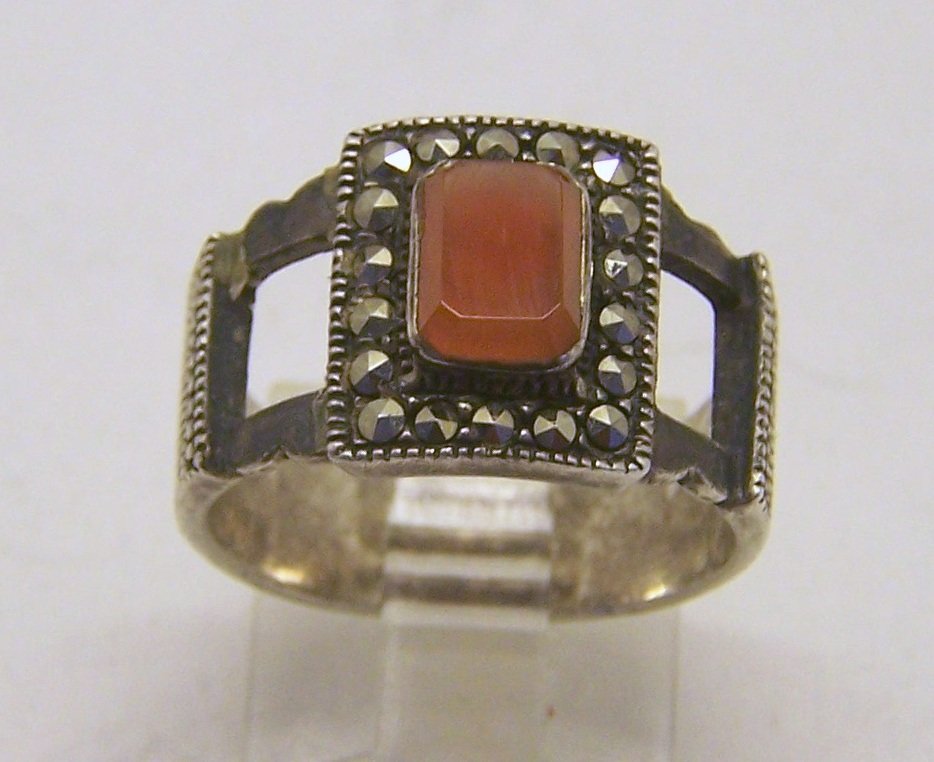sterling silver carnelian marcasite ring: top of the ring measures 9/16\" wide