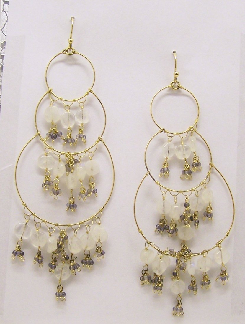 gold over sterling silver moonstone drop earrings: measures 4 1/8" long by 1 1/2" wide, crafted with 5mm moonstone & 2mm amethyst, weights 11.3 grams, in great codition