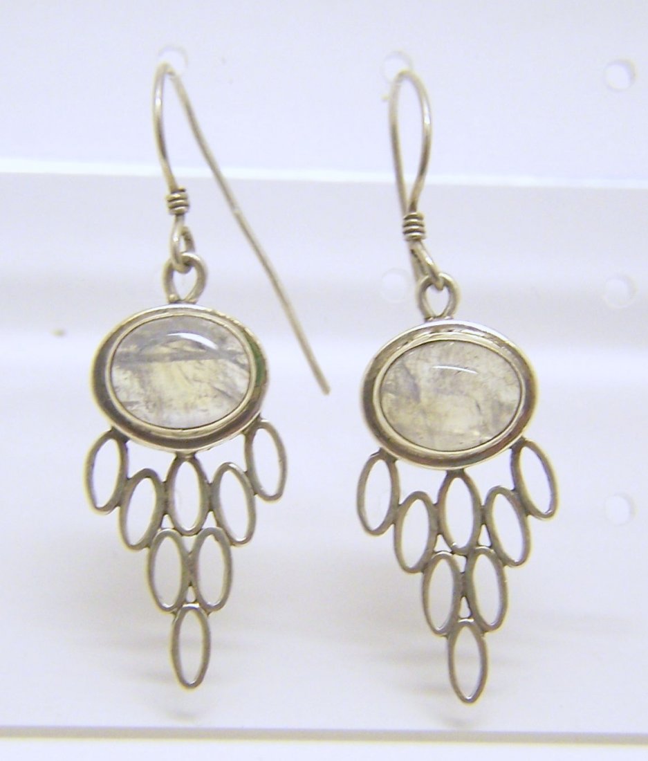 sterling silver moonstone earrings: measures 1 13/16" long by 9/16" wide, weights 6.6 grams, in good condition