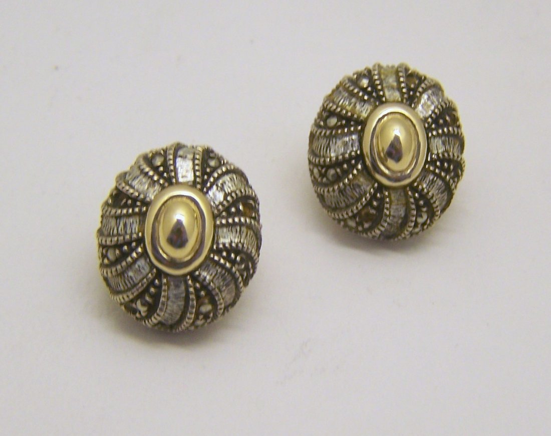 JUDITH JACK sterling silver 14k marcasite earrings: measures 3/4" long by 5/8" wide, crafted with sterling silver & 14k solid gold, weights 10.6 grams, in good condition missing few marcasites