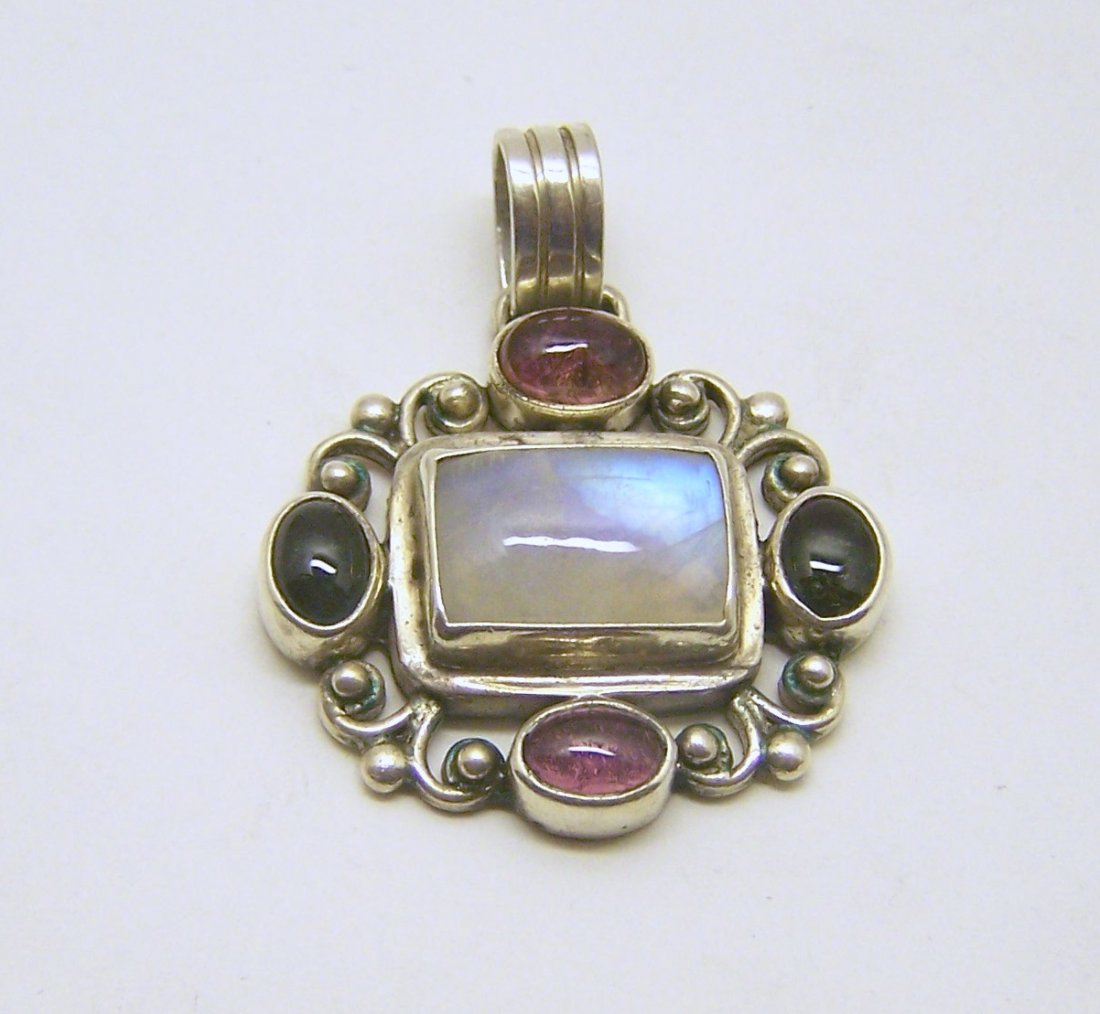 BJC sterling silver moonstone turmaline pendant: measures 1 1/2" long by 1 3/16" wide, weights 11.8 grams, in good condition