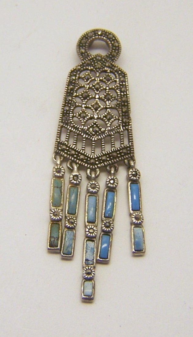 sterling silver turquoise marcasite pendant: measures 2 1/4" long by 11/16" wide, weights 6.5 grams, in good condition