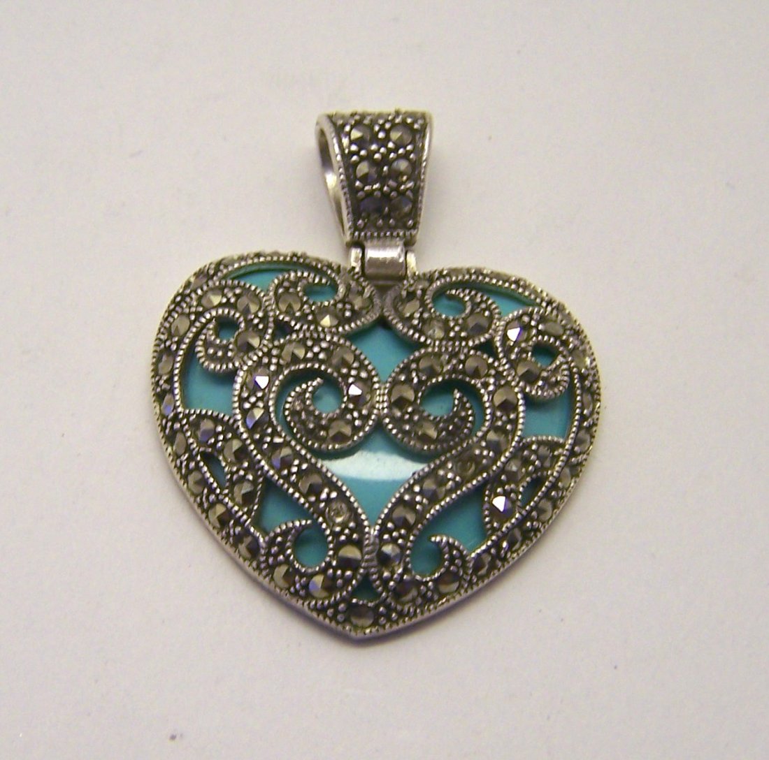 sterling silver turquoise marcasite pendant: measures 1 9/16" long by 1 1/4" wide, weights 9.8 grams, in good condition