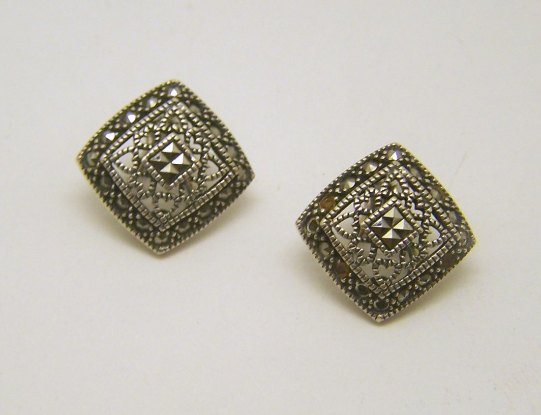 JUDITH JACK sterling silver marcasite earrings: measures 3/4" long by 3/4" wide, weights 7.3 grams, in good condition