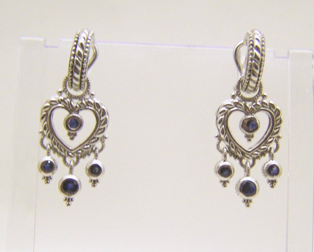 JUDITH RIPKA sterling silver sapphire earrings: measures 1 5/8" long by 5/8" wide, weights 14.6 grams, in great condition