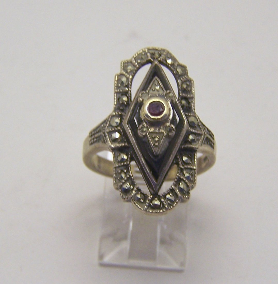 art deco sterling 14k rubt marcasite ring: top of the ring measures 1 1/16" wide, size 7 1/2, weights 6.6 grams, in good condition