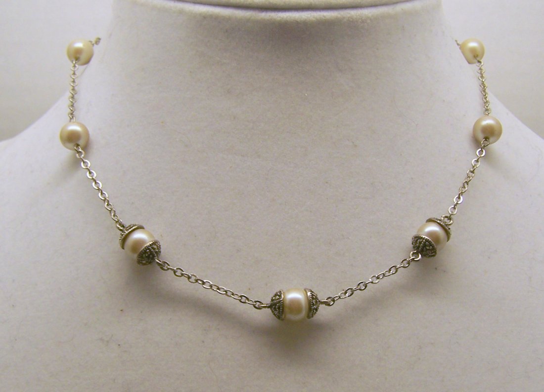 sterling silver marcasite pearl necklace: measures 15 3/4" long, 7mm faux pearl, weights 13.7 grams, in good condition
