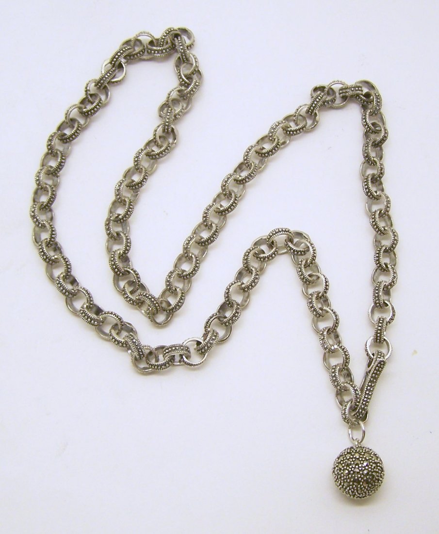sterling silver marcasite necklace: measures 25" long by 9mm wide, weights 61 grams, in great condition