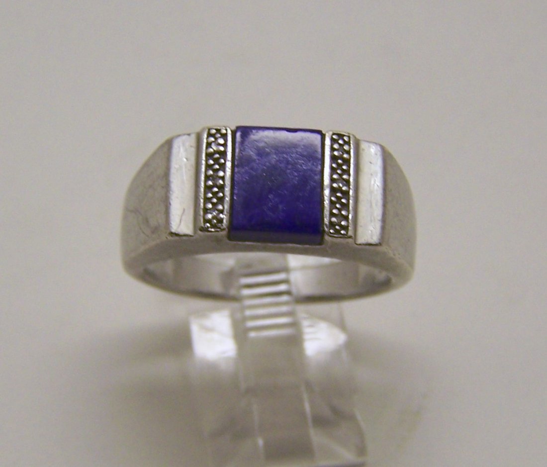 the Danbury Mint Sterling lapis lazuli diamond ring: top of the ring measures 3/8" wide, size 10 3/4, weights 8.7 grams, in good condition