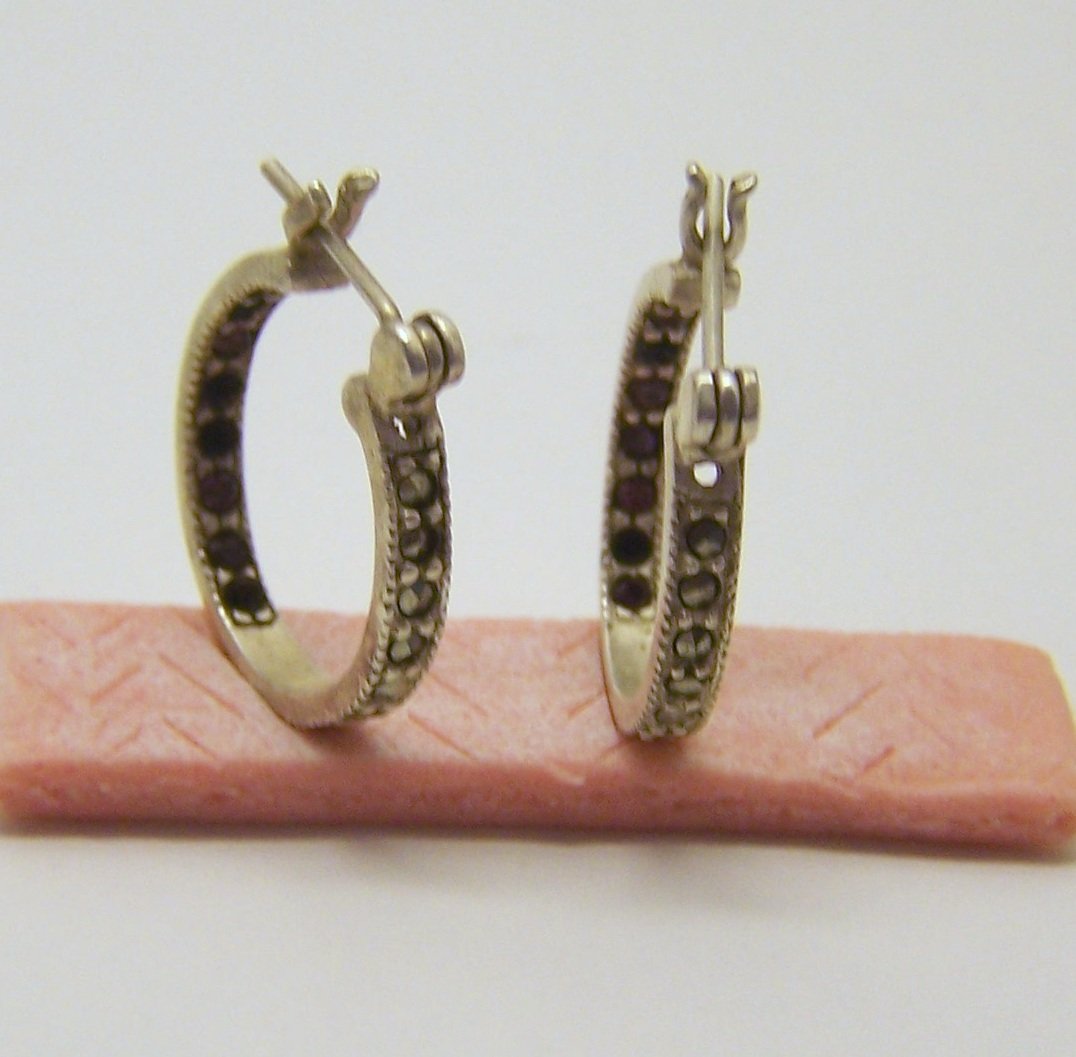 sterling silver marcasite hoop earrings: measures 7/8" long by 1/8" wide, weights 4.6 grams in good condition