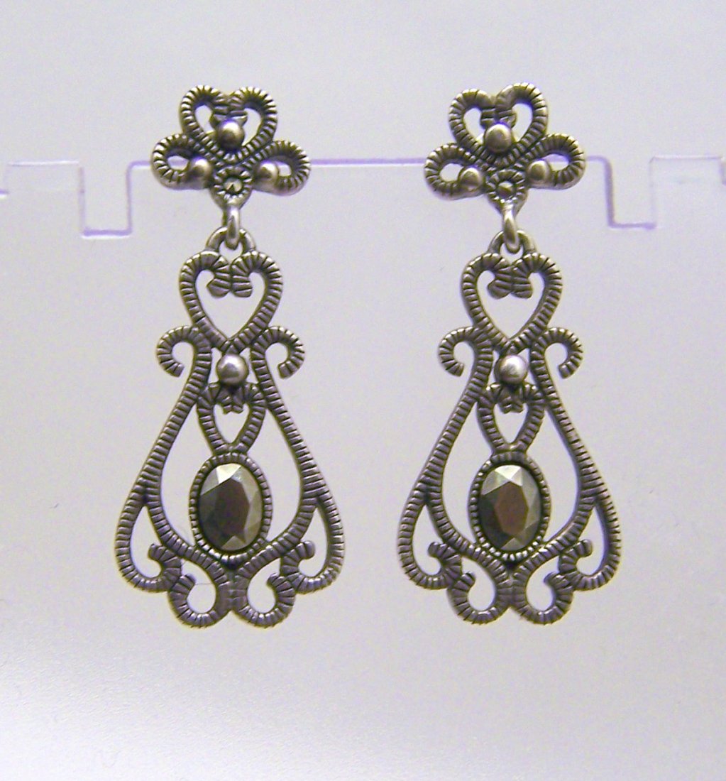 sterling silver marcasite earrings: measures 1 1/2" long by 5/8" wide, weights 8.2 grams, in good condition