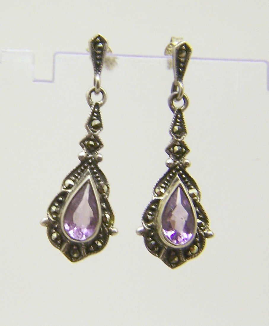 sterling silver amethyst marcasite earrings: measures 1 7/16" long by 1/2" wide, weights 3.6 grams, in good condition