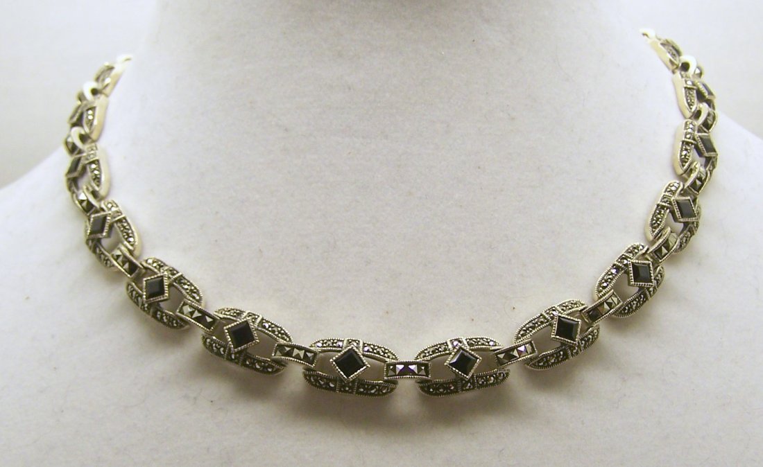 JUDITH JACK sterling silver onyx marcasite necklace: measures 16 5/8" long by 3/8" wide, weights 57.7 grams, in good condition