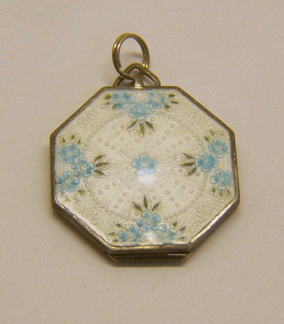 Art Deco sterling silver enamel locket pendant: measures 1 1/2" long by 1 3/16\" wide, weights 10 grams, in good condition