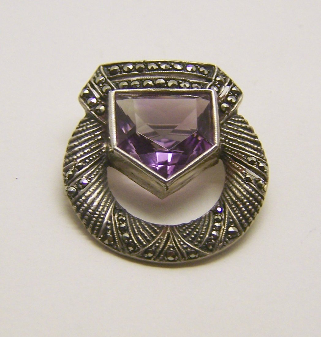 sterling silver amethyst marcasite brooch pin: measures 1 3/16" long by 1 1/8" wide, weights 9.6 grams, in good condition