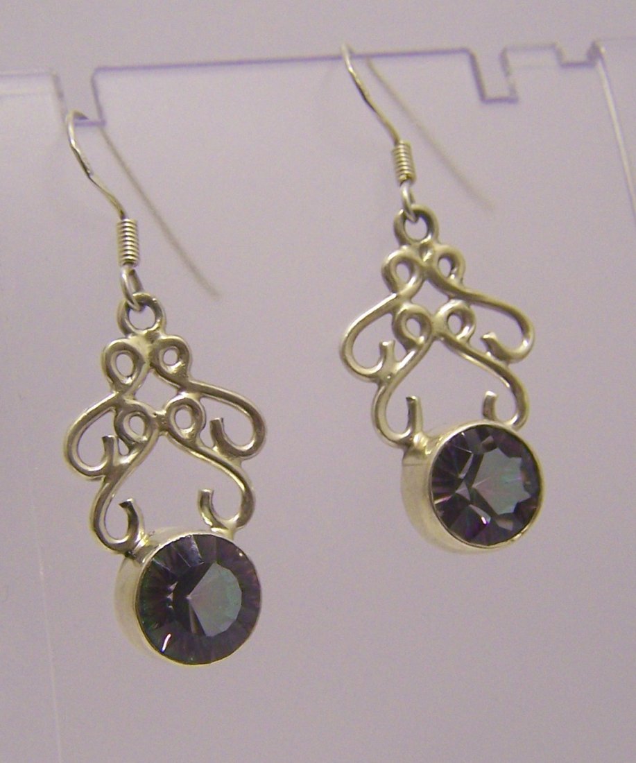 sterling silver mistic topaz earrings: measures 1 13/16" long by 5/8" wide, weights 6.8 grams, in good condition