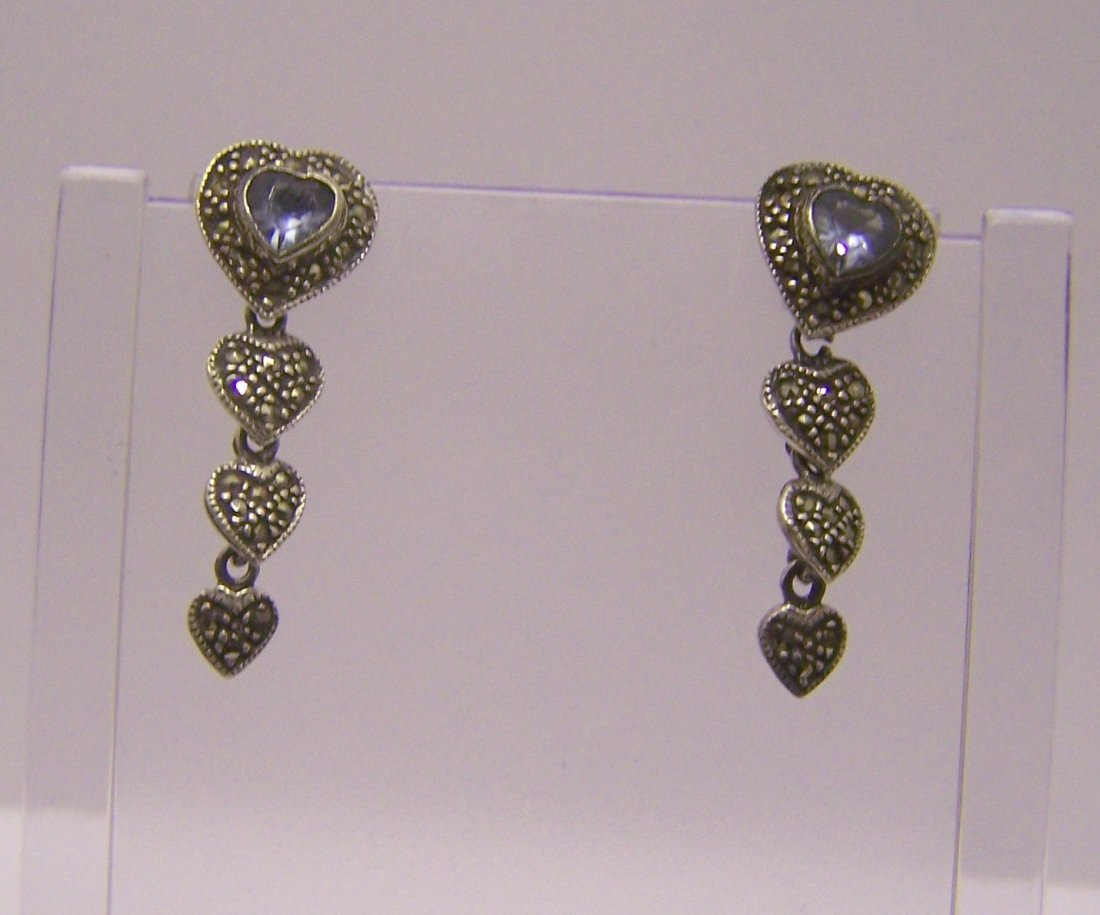 sterling silver topaz marcasite earrings: measures 1 7/16" long by 1/2" wide, weights 6.6 grams, in good condition