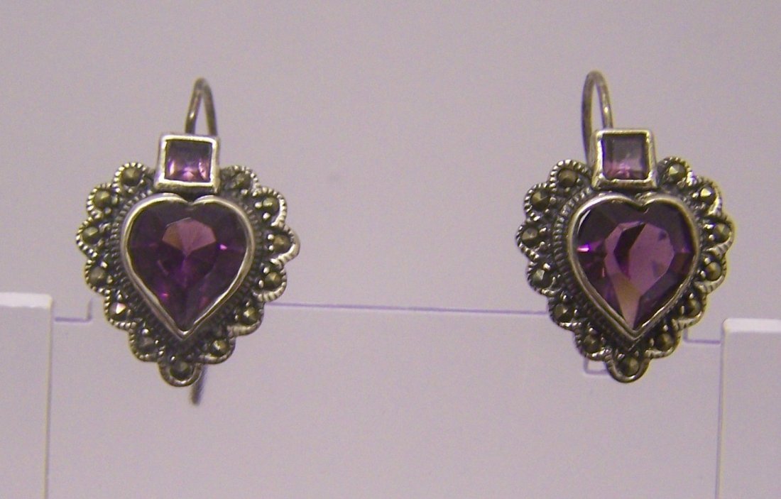 sterling silver marcasite amethyst earrings: measures 1 1/8" long by 6/8" wide, weights 10 grams, in good condition