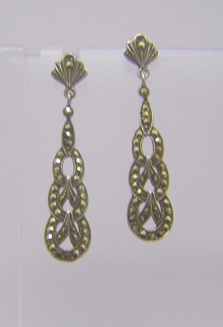sterling silver marcasite earrings: measures 1 6/8" long by 3/8" wide, weigts 4.9 grams, in good condition