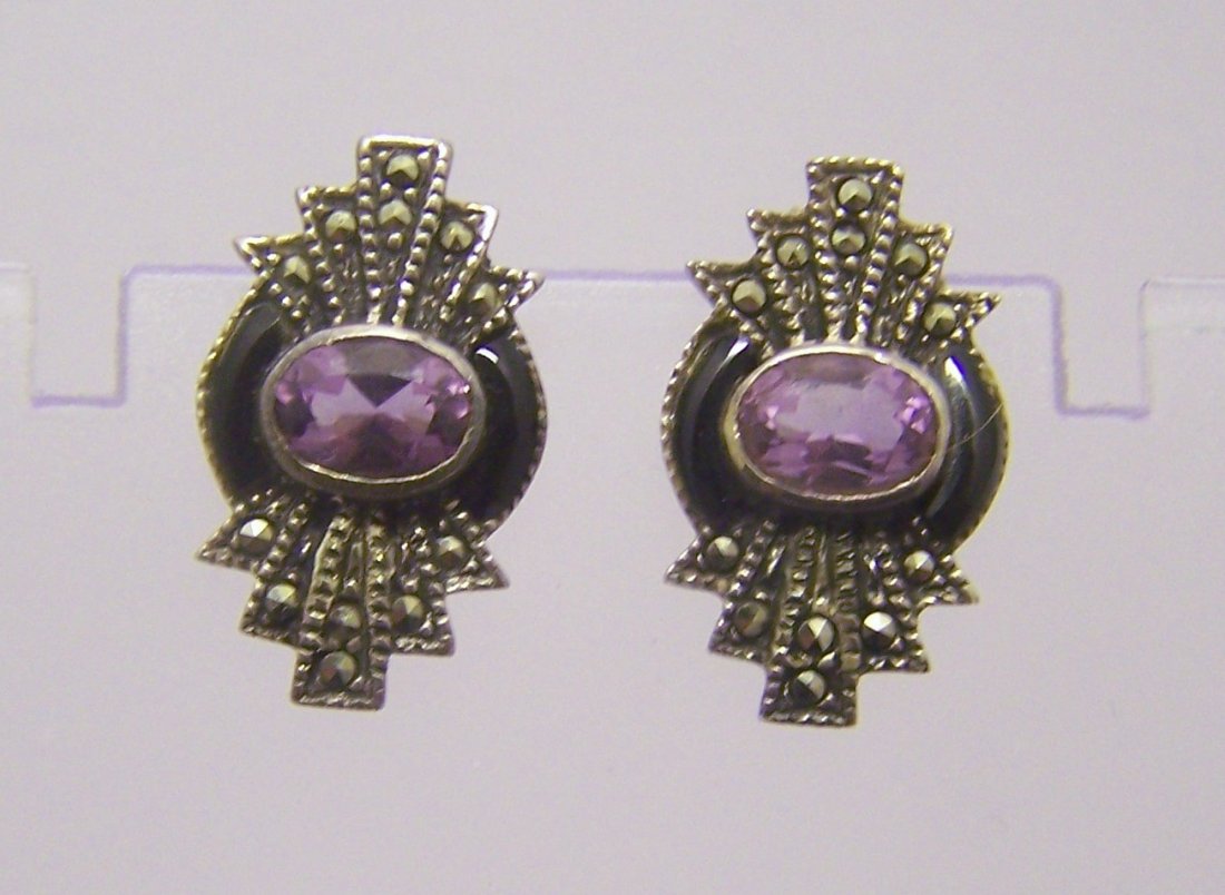 sterling silver marcasite onyx amethyst earrings: measures 13/16" long by 1/2" wide, weights 3.6 grams, in good condition