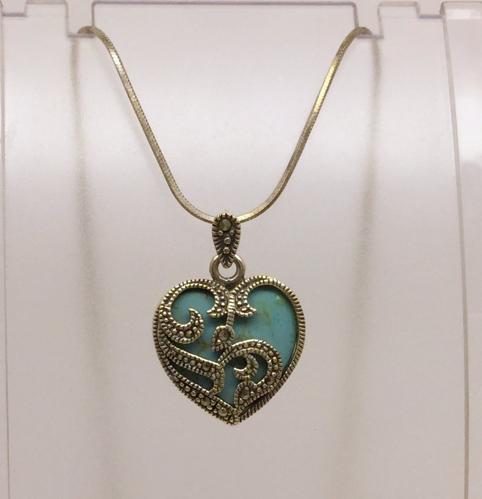 sterling silver turquoise marcasite necklace: chain measures 16 1/8" long, pendant measures 1" long, weights 6.7 grams, in great condition