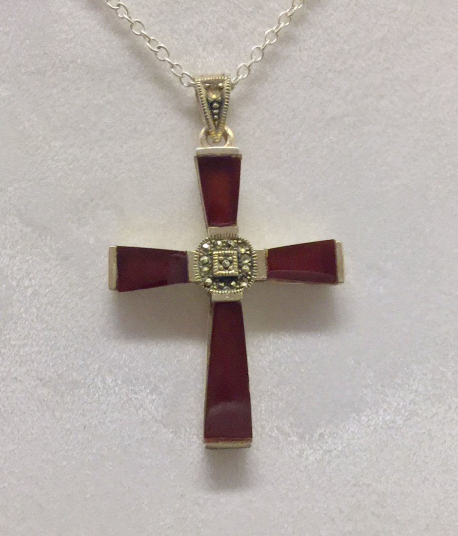 S sterling silver marcasite carnelian cross pendant: measures 1 15/16" long by 1 3/16" wide, in good condition