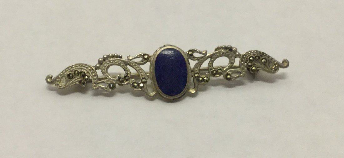 sterling silver marcasite lapis lazuli brooch pin: measures 2 11/16" long by 5/8" wide, in good condition