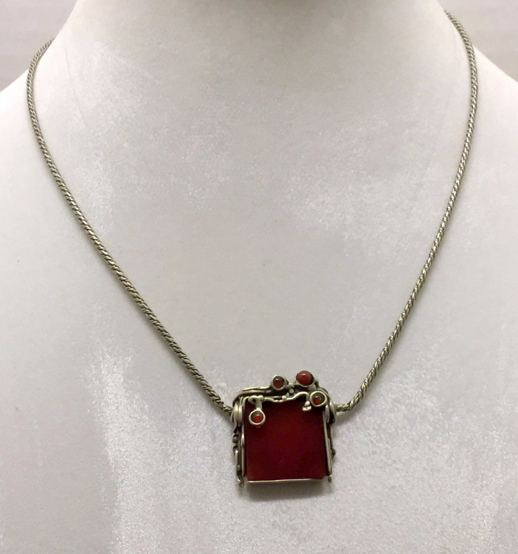 sterling silver Poran carnelian necklace: measures 18 1/4" long by 1 1/16" wide, in good condition
