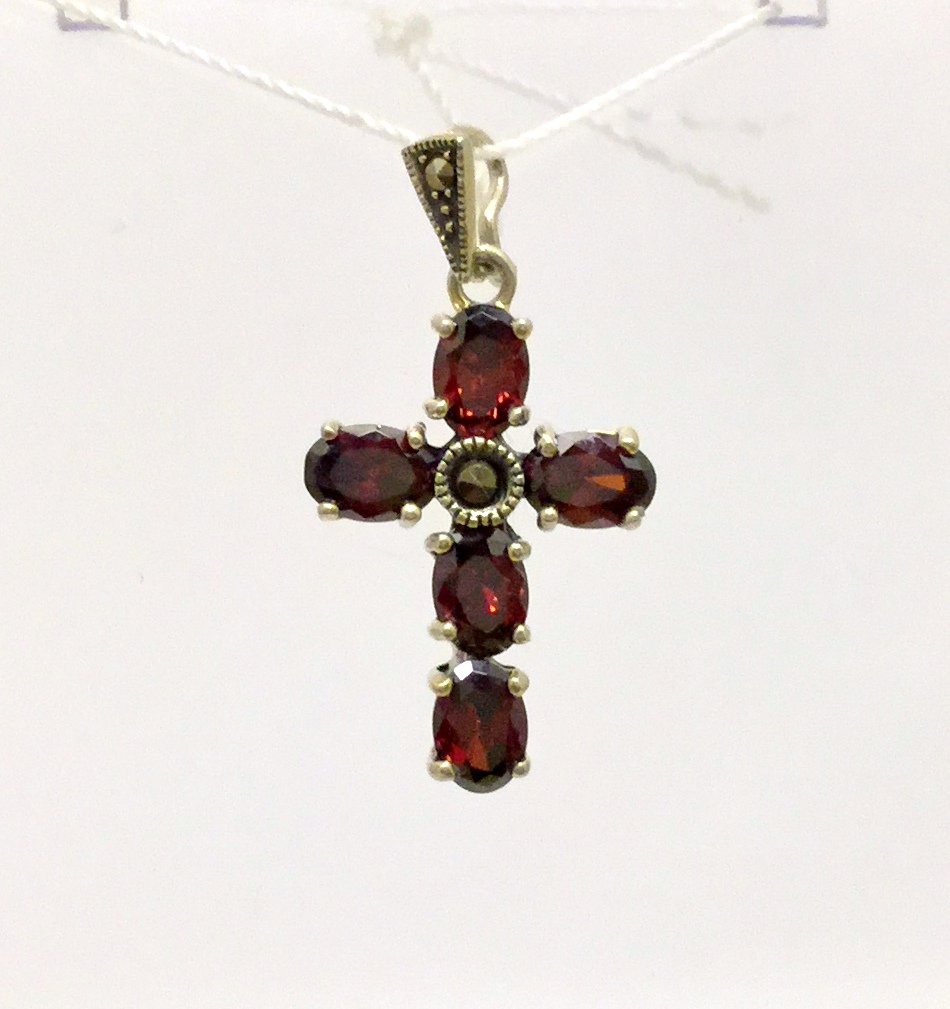 sterling silver garnet marcasite cross pendant: measures 1 5/16" long by 11/16" wide, in good condition