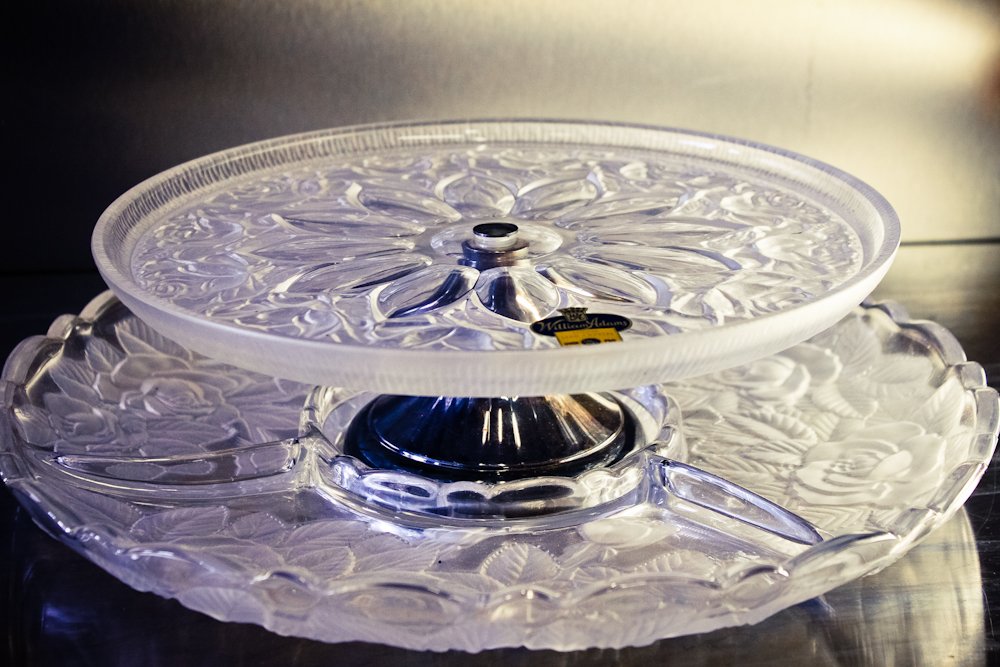William Adams Frosted Rose Lead Crystal Silver Pedestal: William Adams Frosted Rose Lead Crystal Silver Pedestal Cake Stand & Platter Set